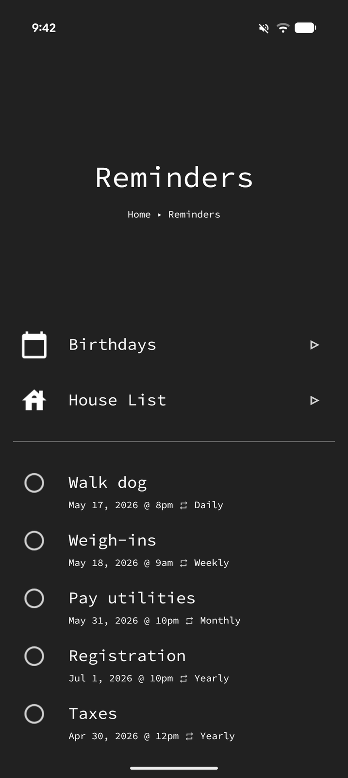 A Reminders page with sub-pages and upcoming reminders