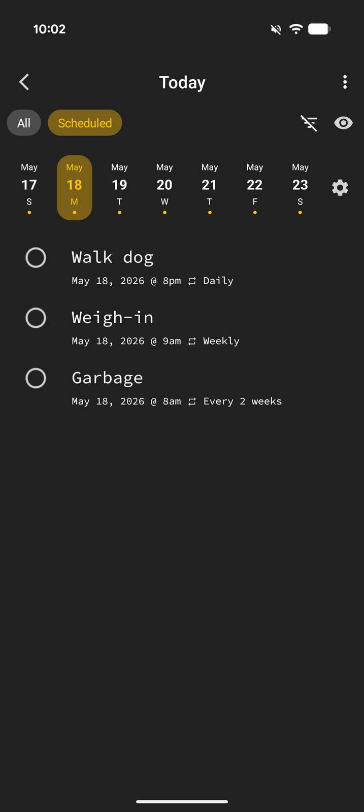 The Scheduled view showing today's reminders and events